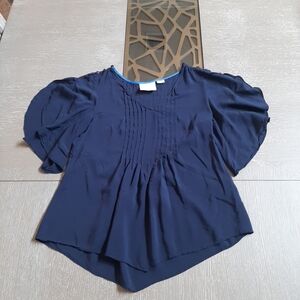 Maeve Navy Blue Flutter Button Sleeves Blouse